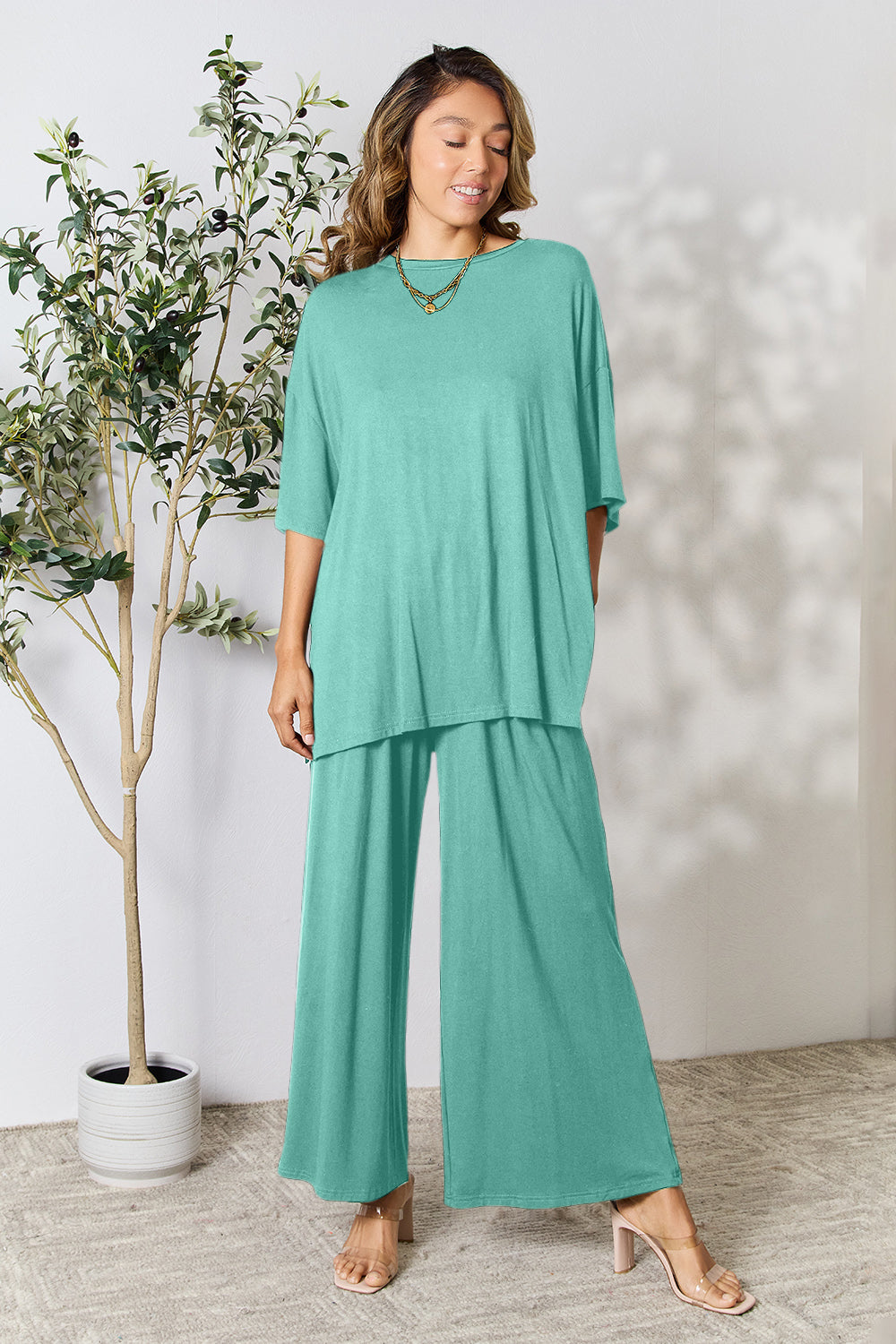 Double Take Full Size Round Neck Slit Top and Pants Set - The Boutie Shop