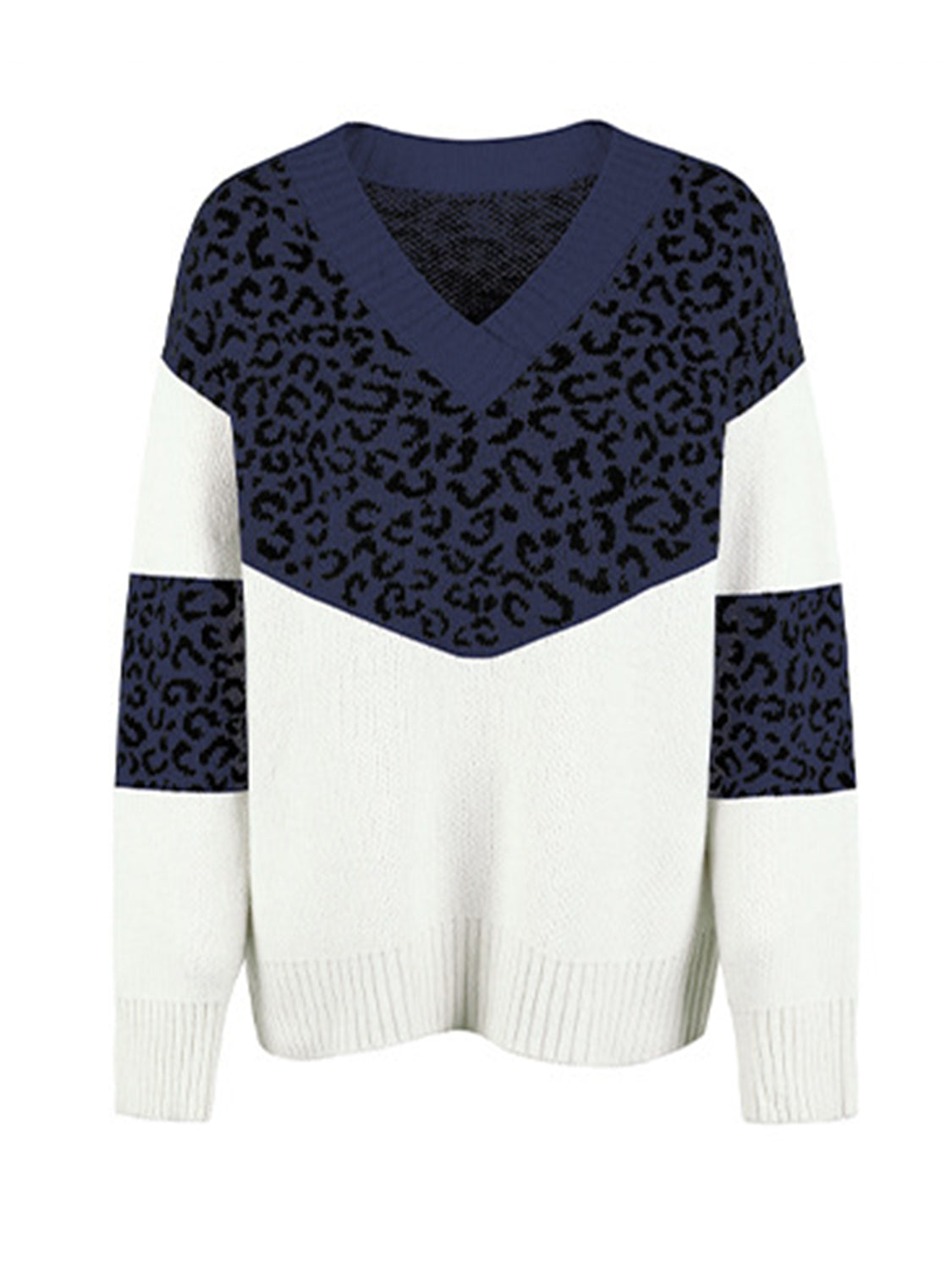 Leopard V-Neck Dropped Shoulder Sweater - The Boutie Shop