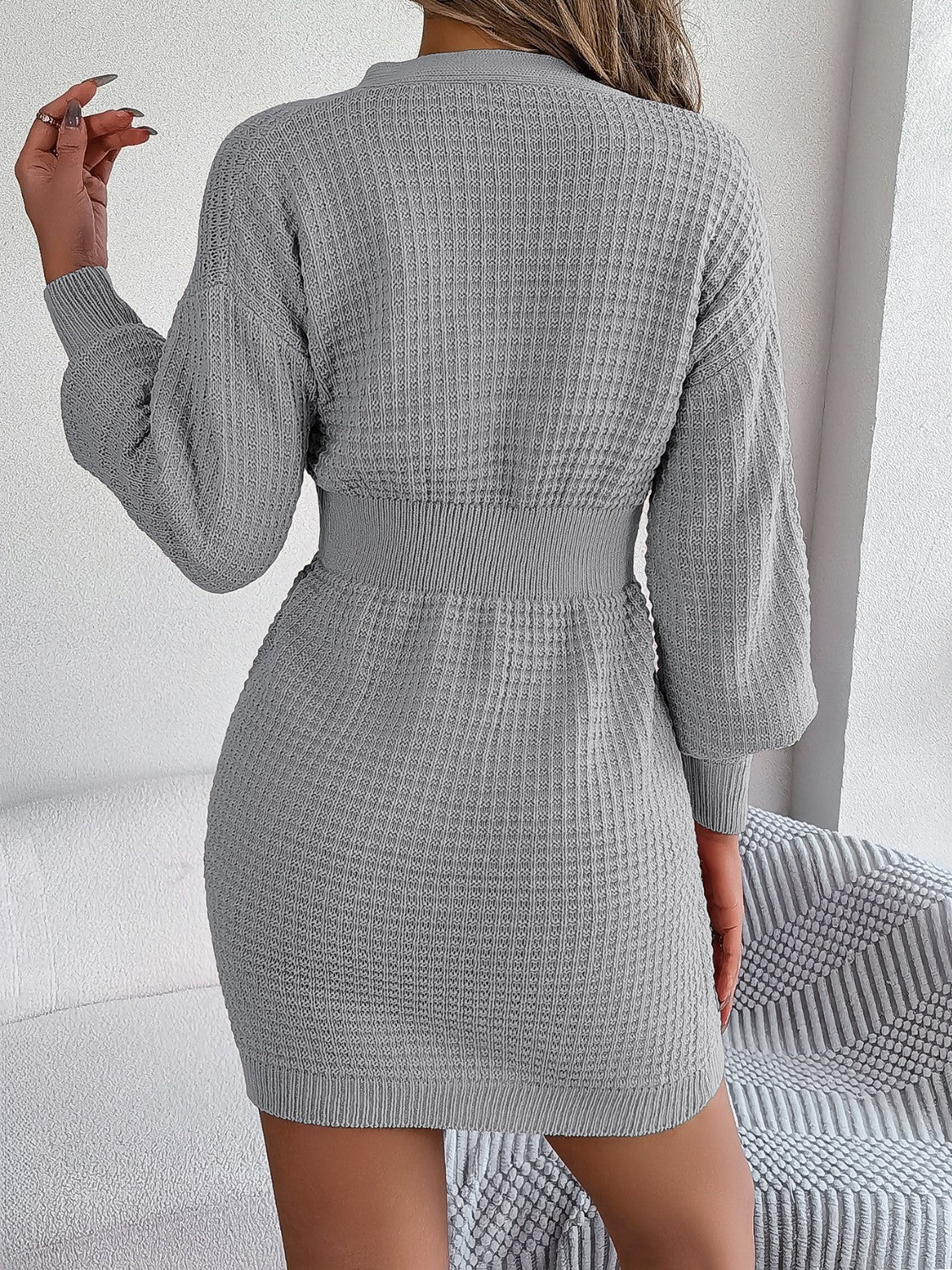 Buttoned Cable-Knit V-Neck Sweater Dress - The Boutie Shop