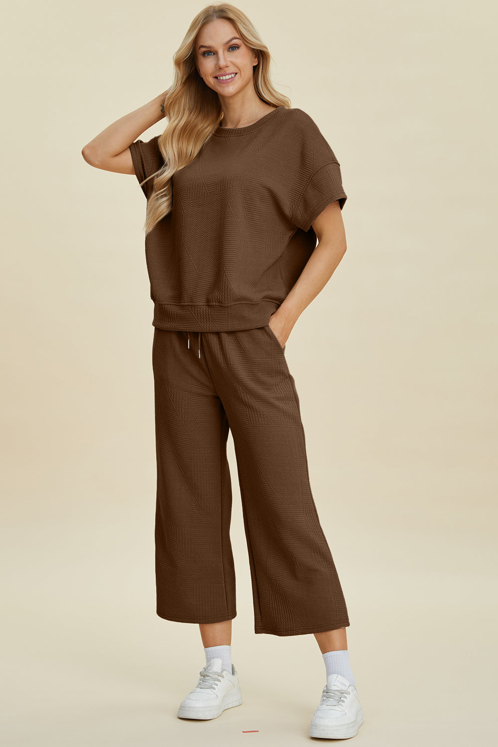 Double Take Full Size Texture Round Neck Top and Pants Set - The Boutie Shop