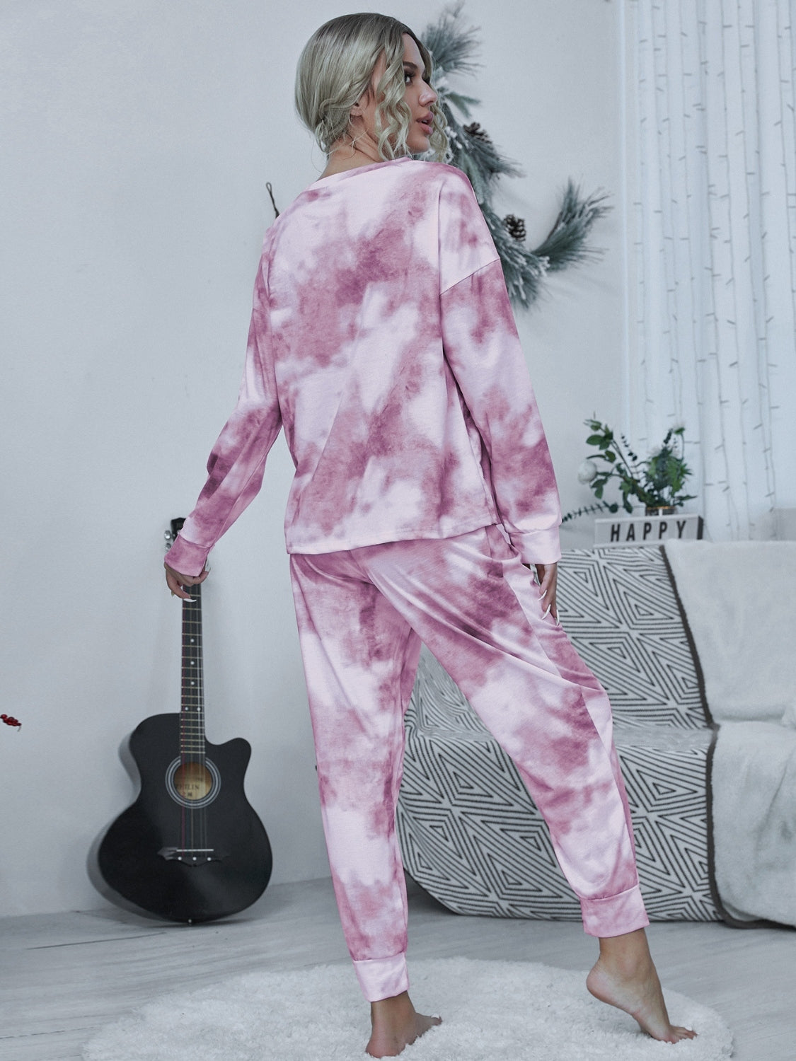 Shiny Tie-dye Round Neck Top and Drawstring Pants Lounge Set - The Boutie Shop