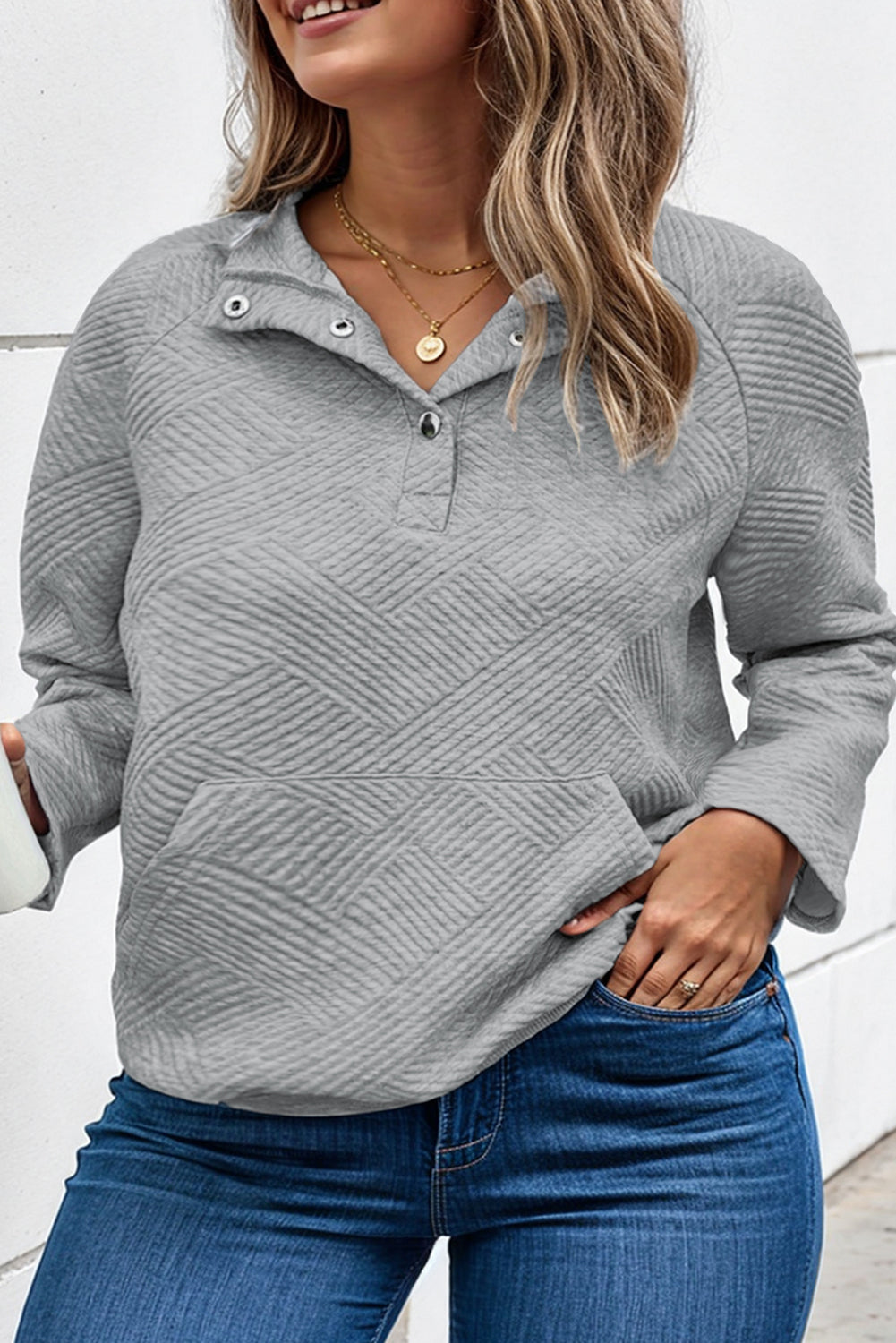 Plus Size Texture Half Snap Long Sleeve Sweatshirt - The Boutie Shop