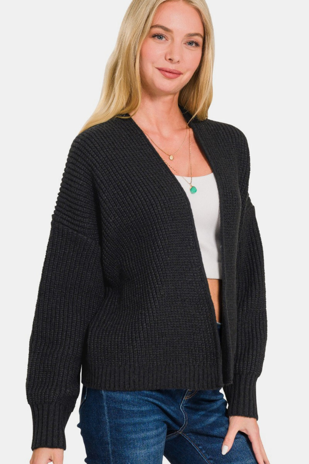 Zenana Open Front Drop Shoulder Sweater Cardigan - The Boutie Shop