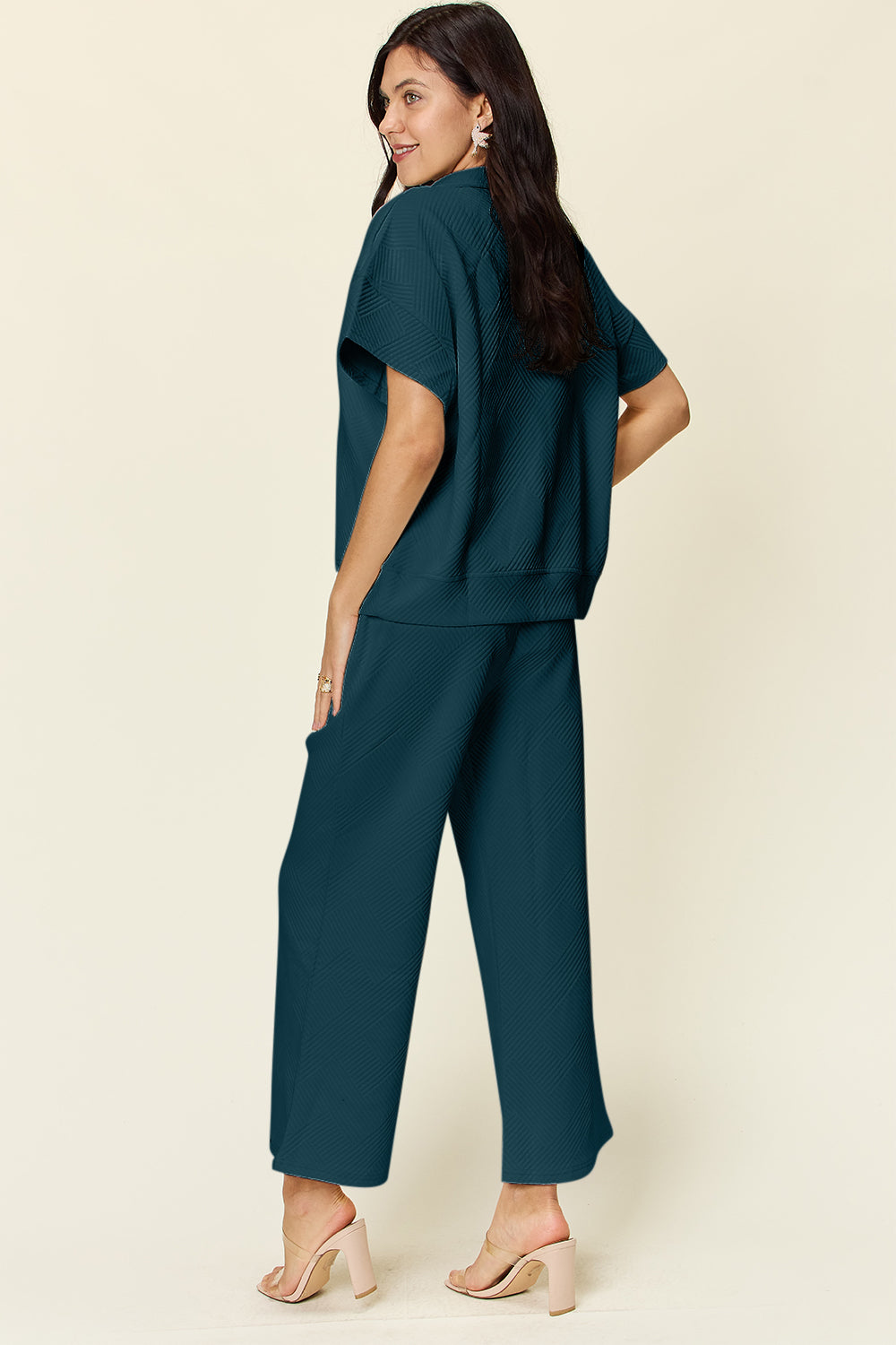 Double Take Full Size Texture Half Zip Short Sleeve Top and Pants Set - The Boutie Shop