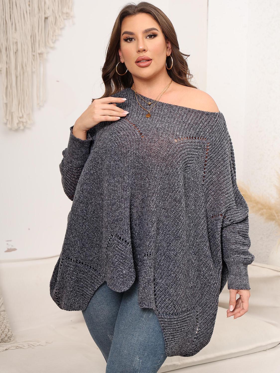 Plus Size Round Neck Batwing Sleeve Sweater - The Boutie Shop