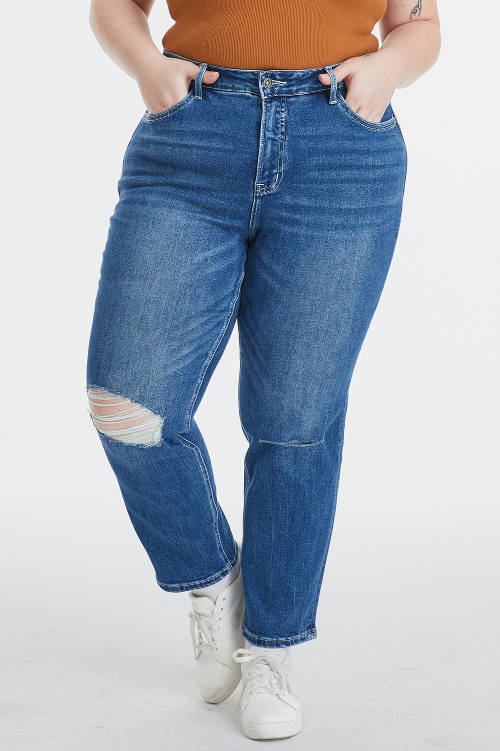 BAYEAS Full Size High Waist Distressed Washed Cropped Mom Jeans - The Boutie Shop