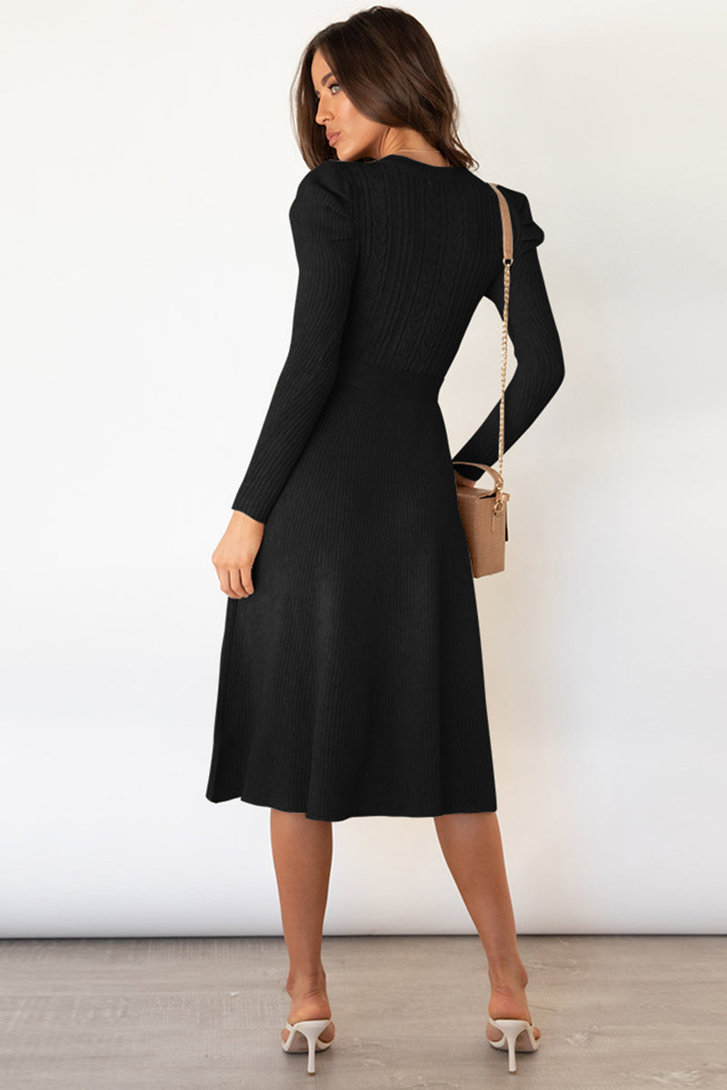 Round Neck Long Sleeve Tie Waist Sweater Dress - The Boutie Shop