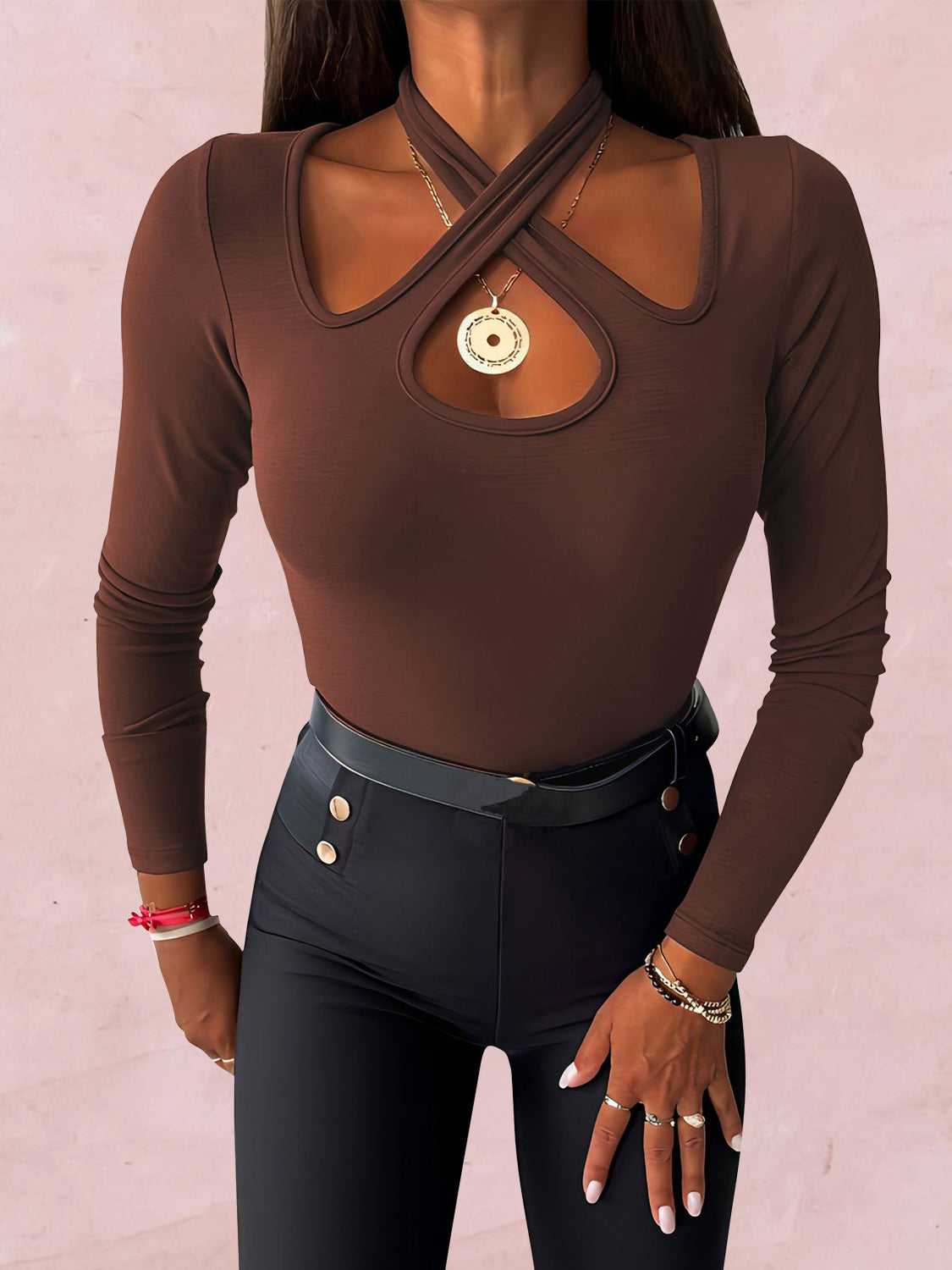 Crisscross Halter Neck Long Sleeve T-Shirt - The Boutie Shop