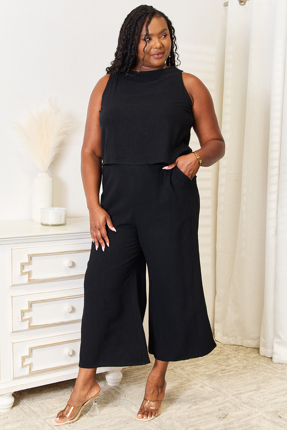 Devine Buttoned Round Neck Tank and Wide Leg Pants Set - The Boutie Shop