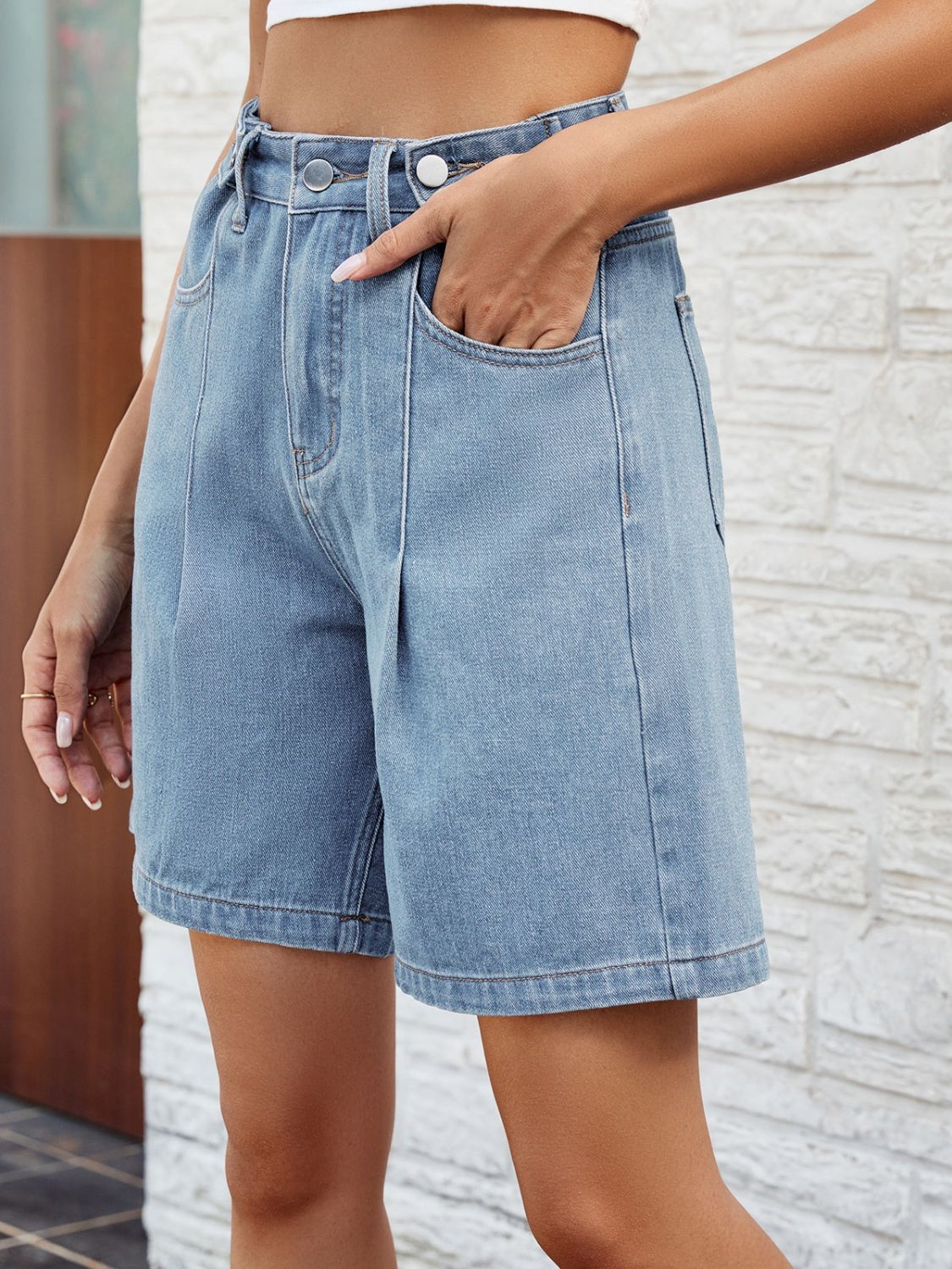 High Waist Denim Shorts with Pockets - The Boutie Shop