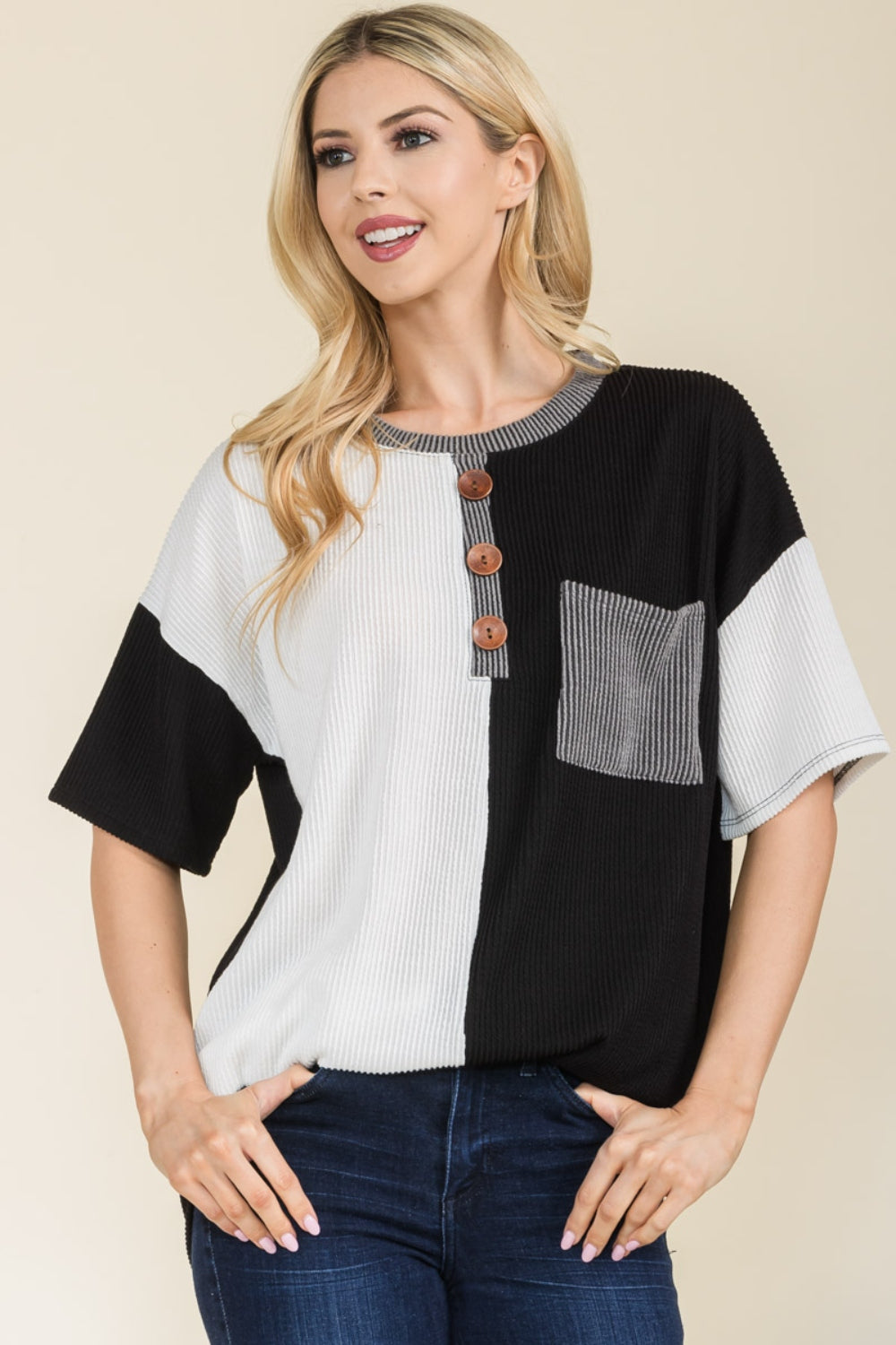 Celeste Full Size Ribbed Color Block Short Sleeve T-Shirt - The Boutie Shop