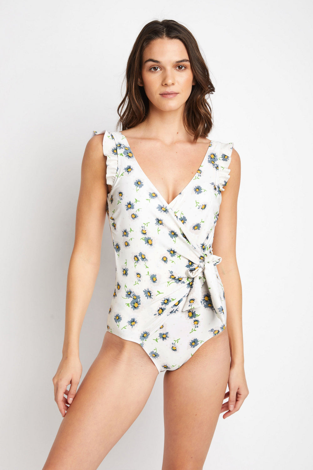 Marina West Swim Float On Ruffle Faux Wrap One-Piece in Daisy Cream - The Boutie Shop