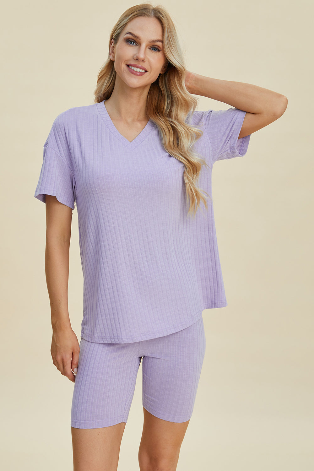 Basic Bae Full Size Ribbed V-Neck Short Sleeve Top and Shorts Set - The Boutie Shop