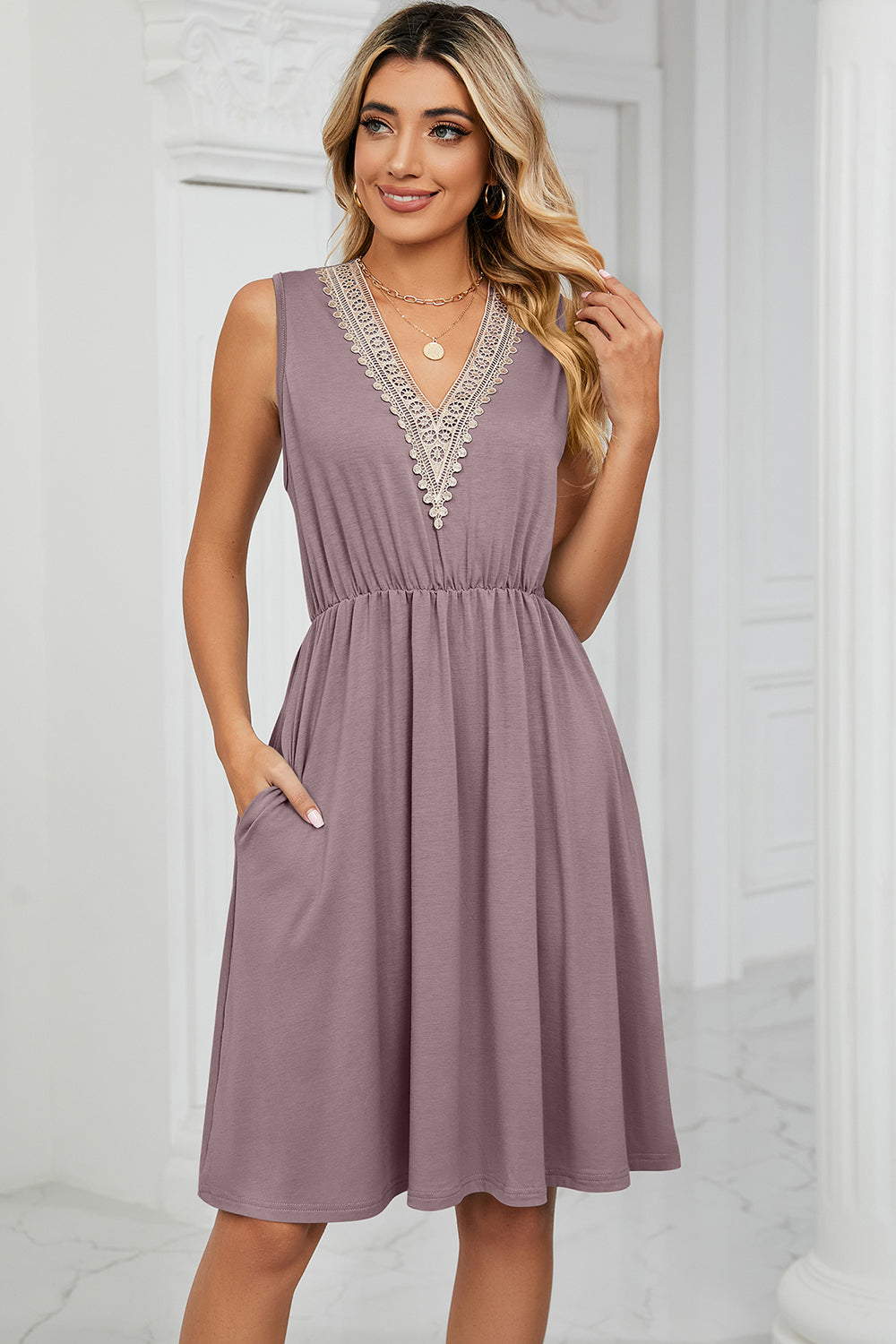 Pocketed V-Neck Wide Strap Dress - The Boutie Shop