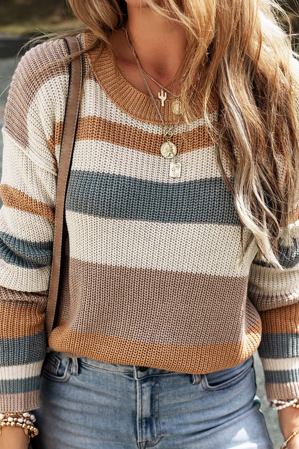 Striped Round Neck Dropped Shoulder Sweater - The Boutie Shop