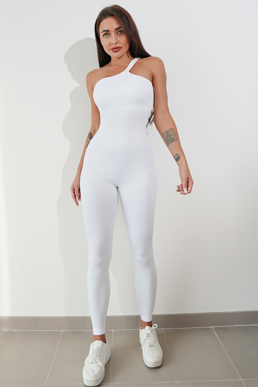 Asymmetrical Neck Wide Strap Active Jumpsuit - The Boutie Shop