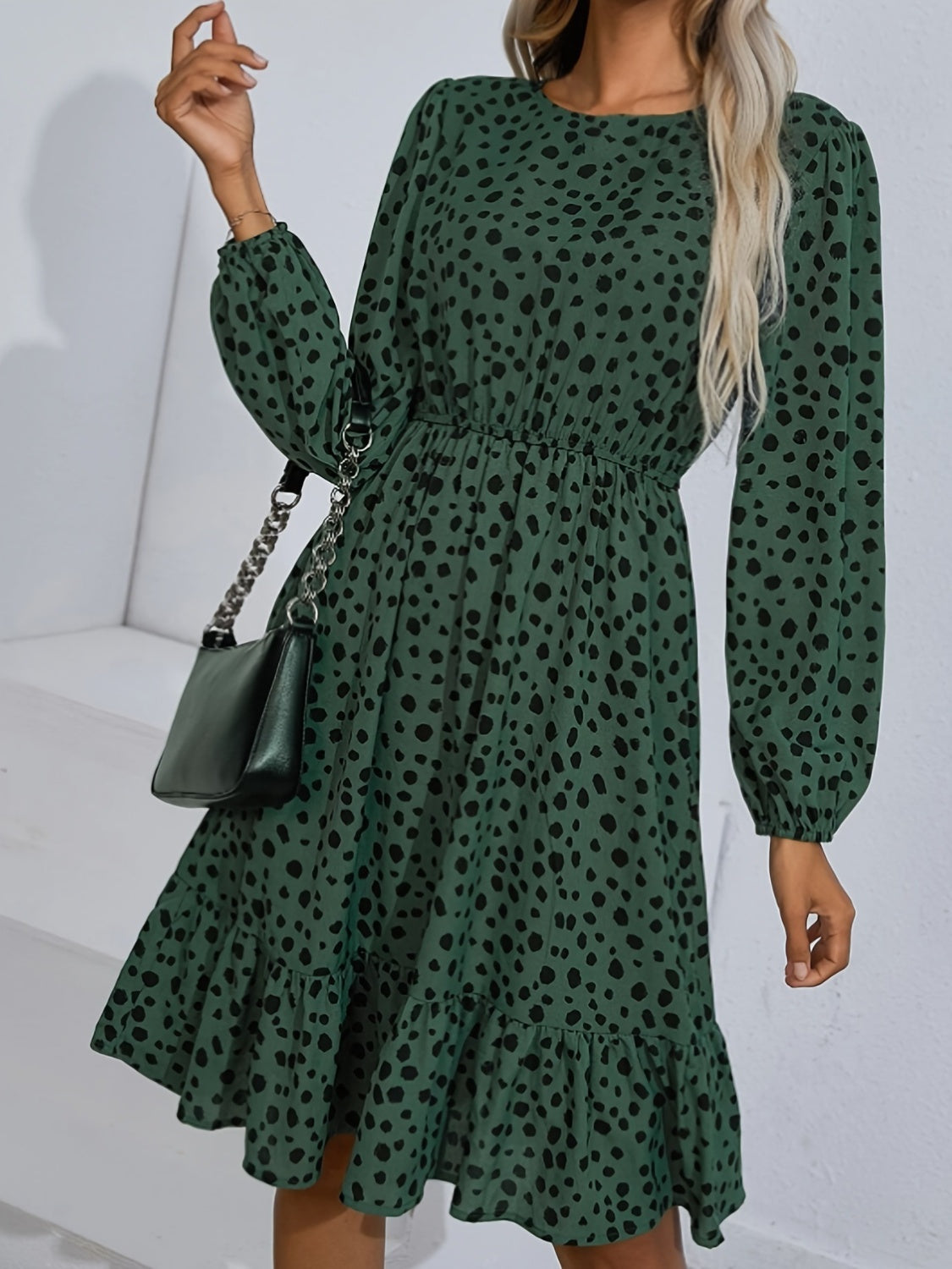 Printed Round Neck Balloon Sleeve Dress - The Boutie Shop