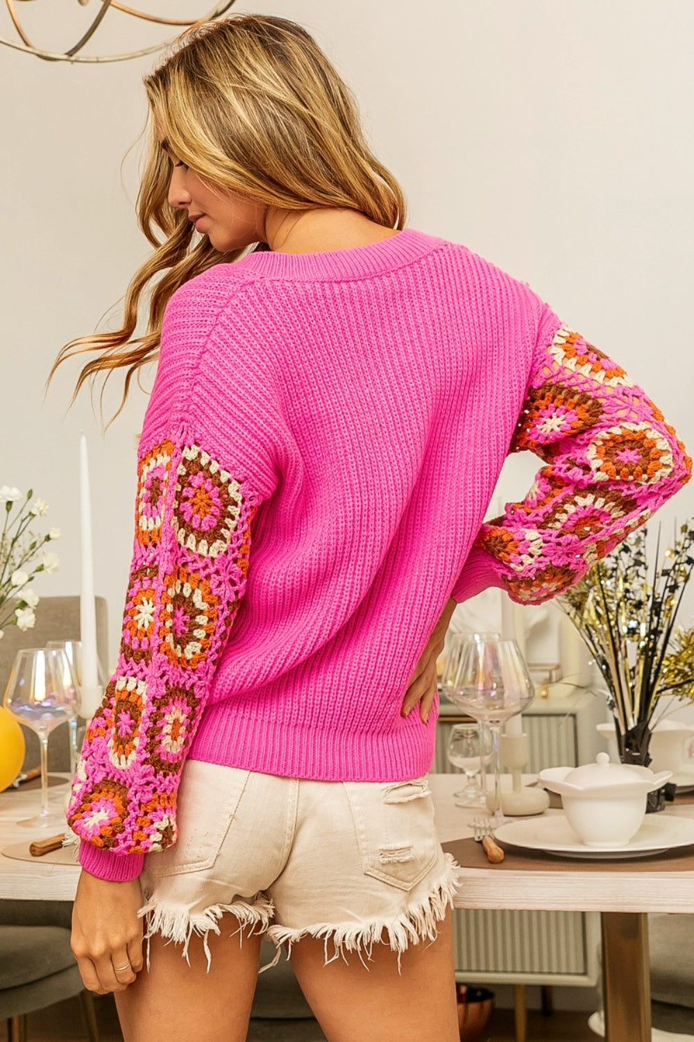 BiBi V-Neck Crochet Long Sleeve Sweater - The Boutie Shop