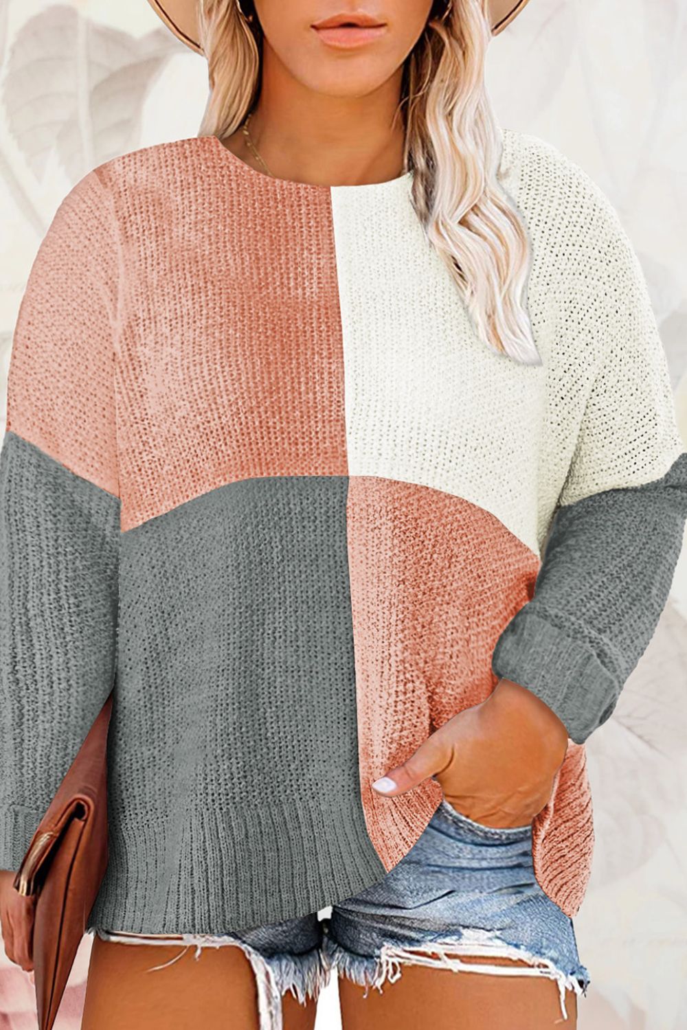 Plus Size Color Block Round Neck Sweater - The Boutie Shop