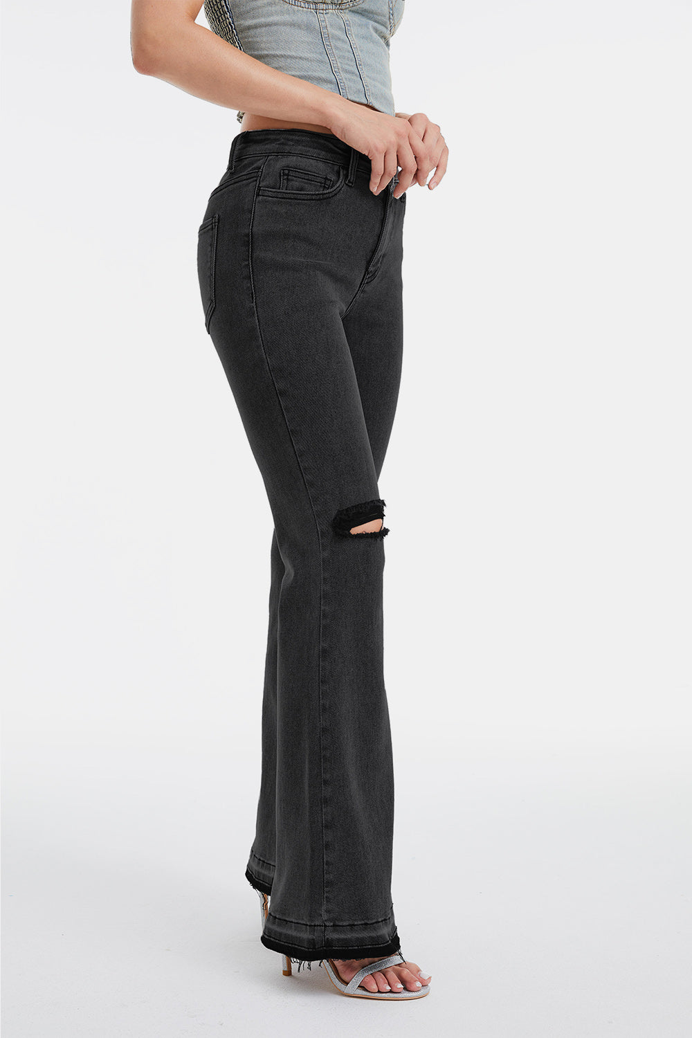 BAYEAS Full Size High Waist Distressed Raw Hem Flare Jeans - The Boutie Shop