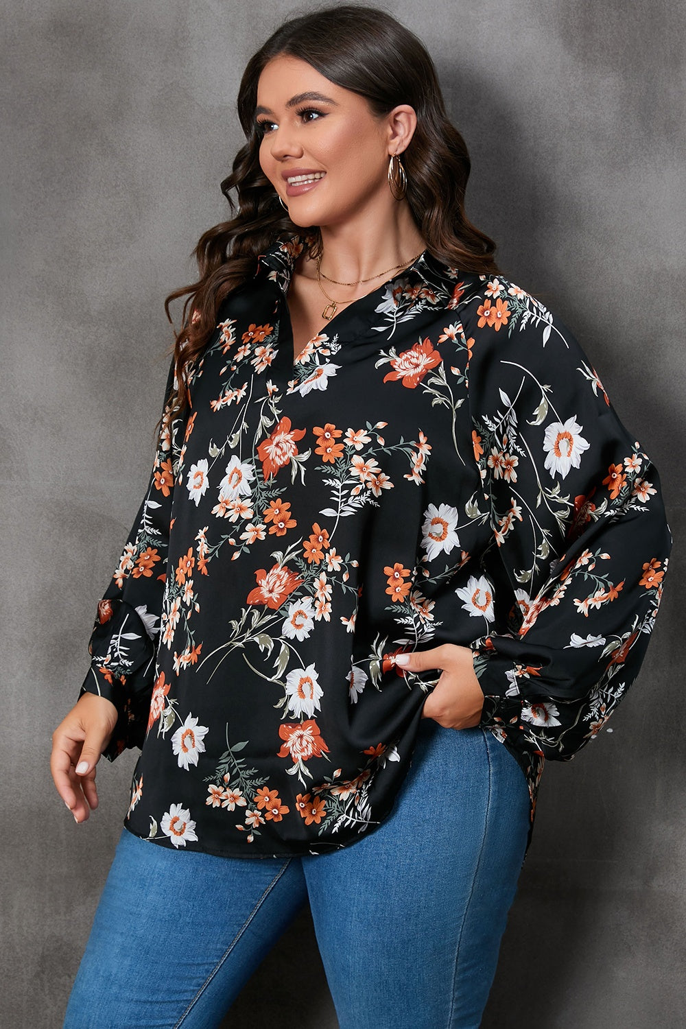 Plus Size Printed Johnny Collar Long Sleeve Blouse - The Boutie Shop