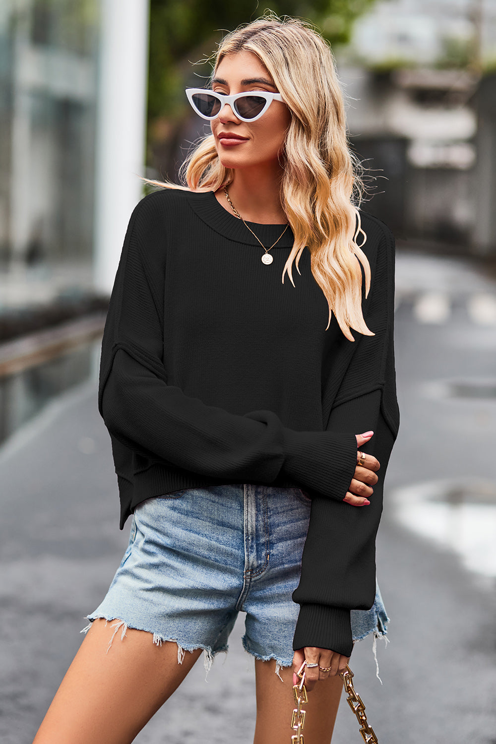 Round Neck Drop Shoulder Long Sleeve Sweater - The Boutie Shop