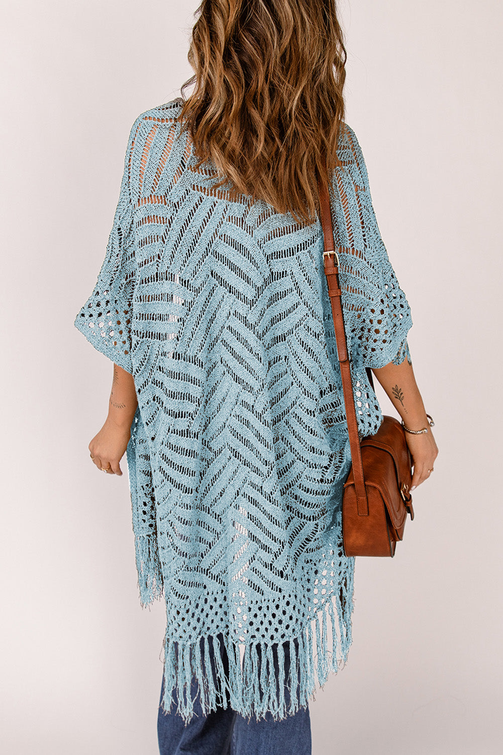 Openwork Open Front Cardigan with Fringes - The Boutie Shop