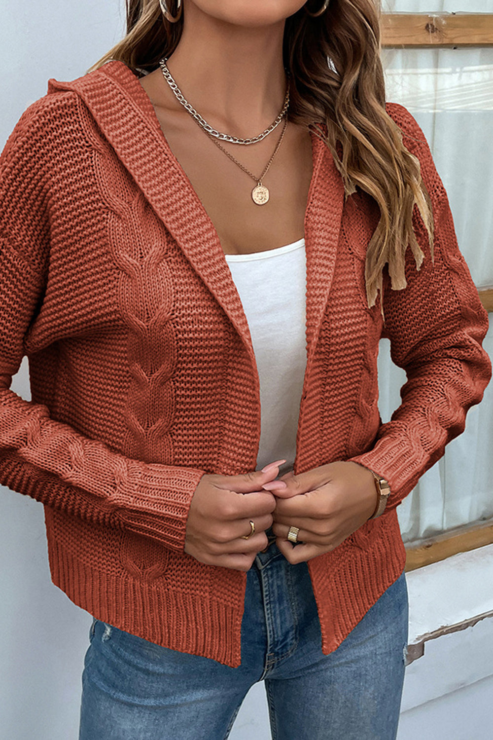 Cable-Knit Dropped Shoulder Hooded Cardigan - The Boutie Shop