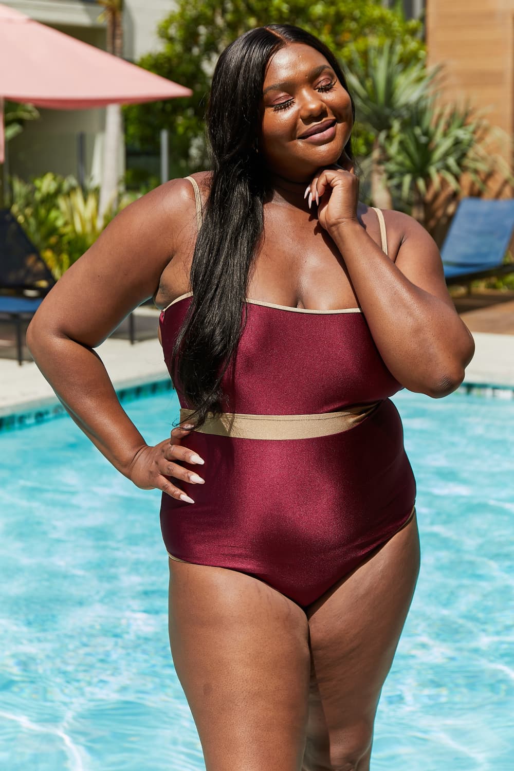 Marina West Swim Wave Break Contrast Trim One-Piece in Wine - The Boutie Shop