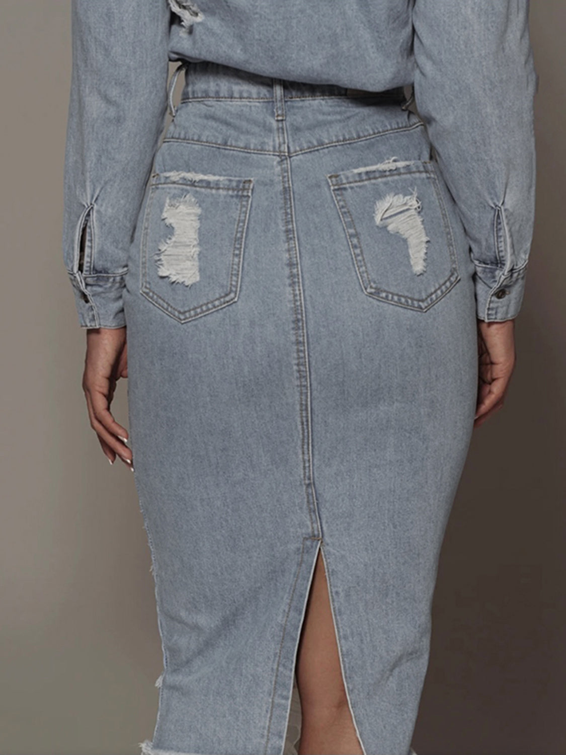 Distressed Slit Denim Skirt - The Boutie Shop