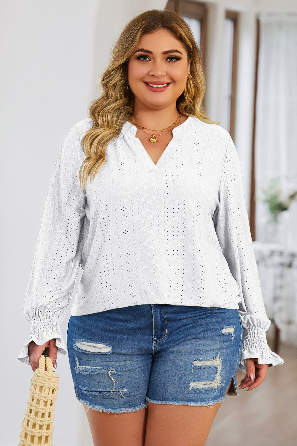 Plus Size Eyelet Notched Flounce Sleeve Blouse - The Boutie Shop