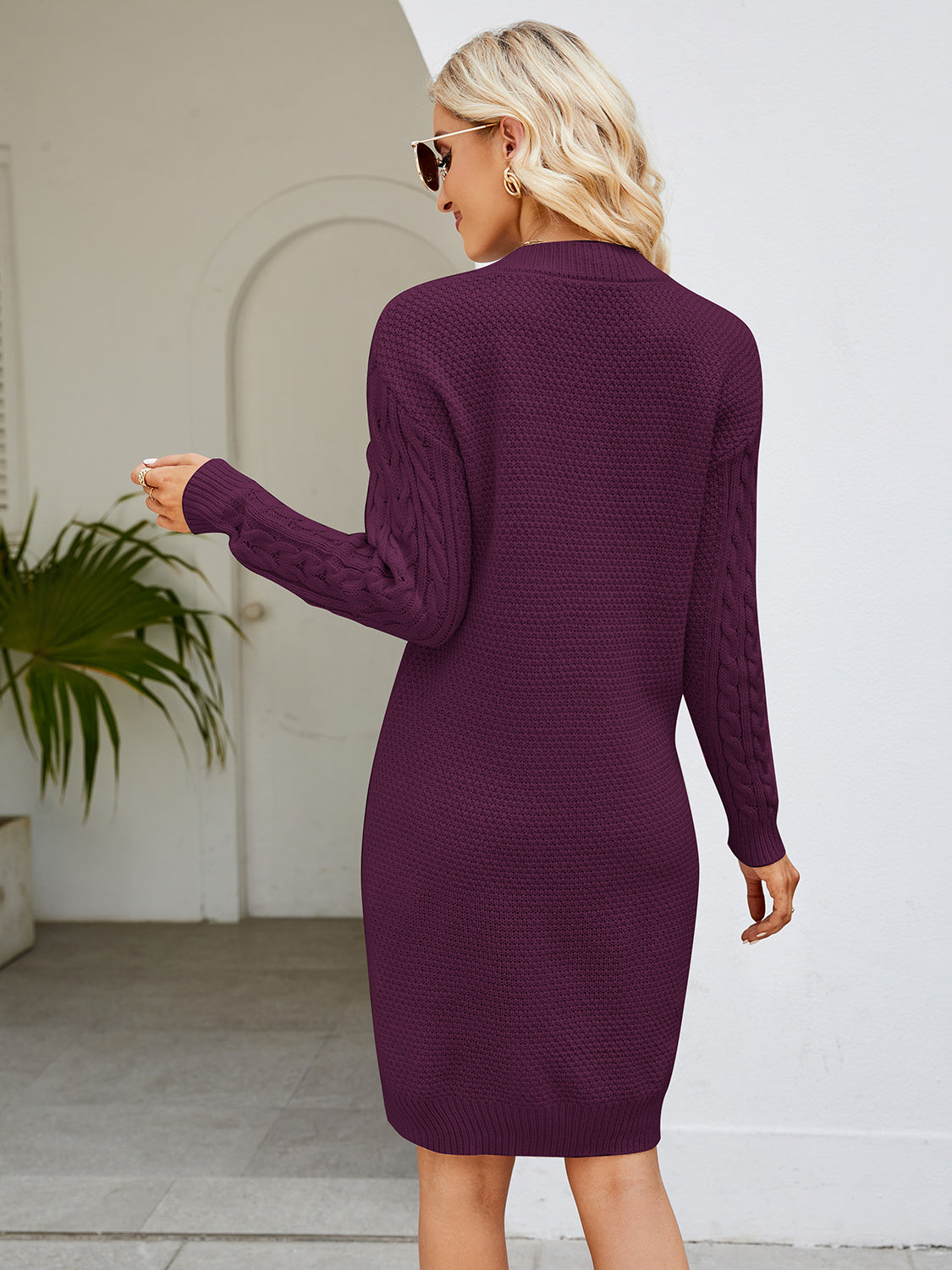 Cable-Knit V-Neck Mini Sweater Dress - The Boutie Shop