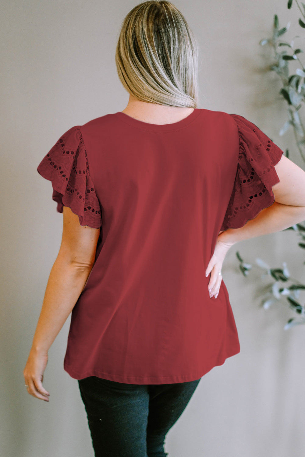 Plus Size Eyelet Round Neck Short Sleeve Blouse - The Boutie Shop