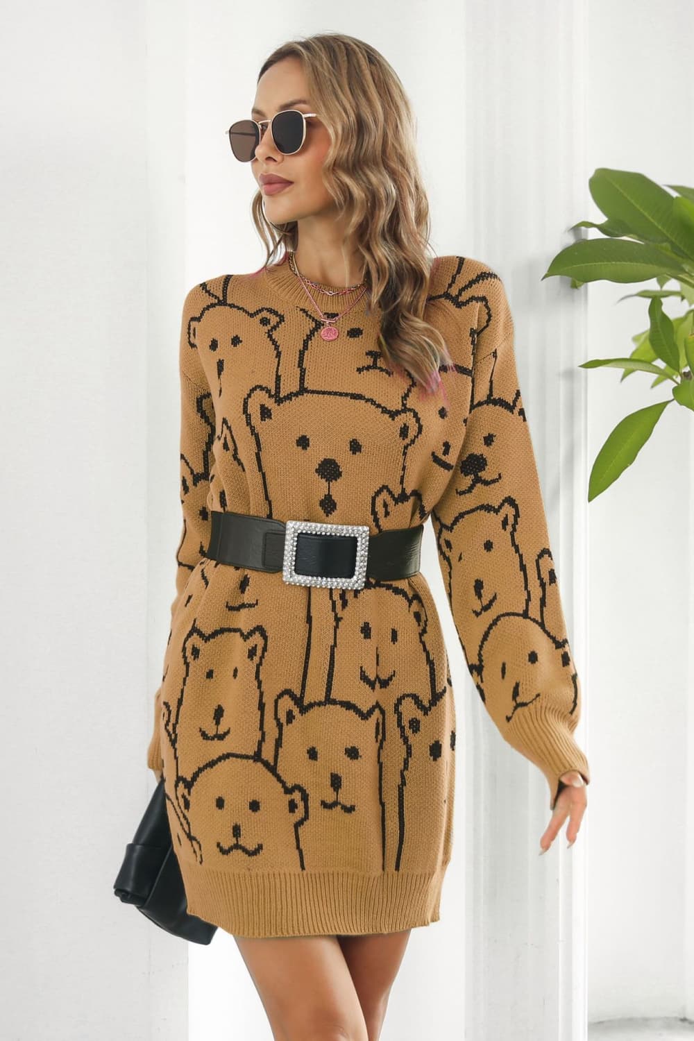 Bear Pattern Round Neck Sweater Dress - The Boutie Shop