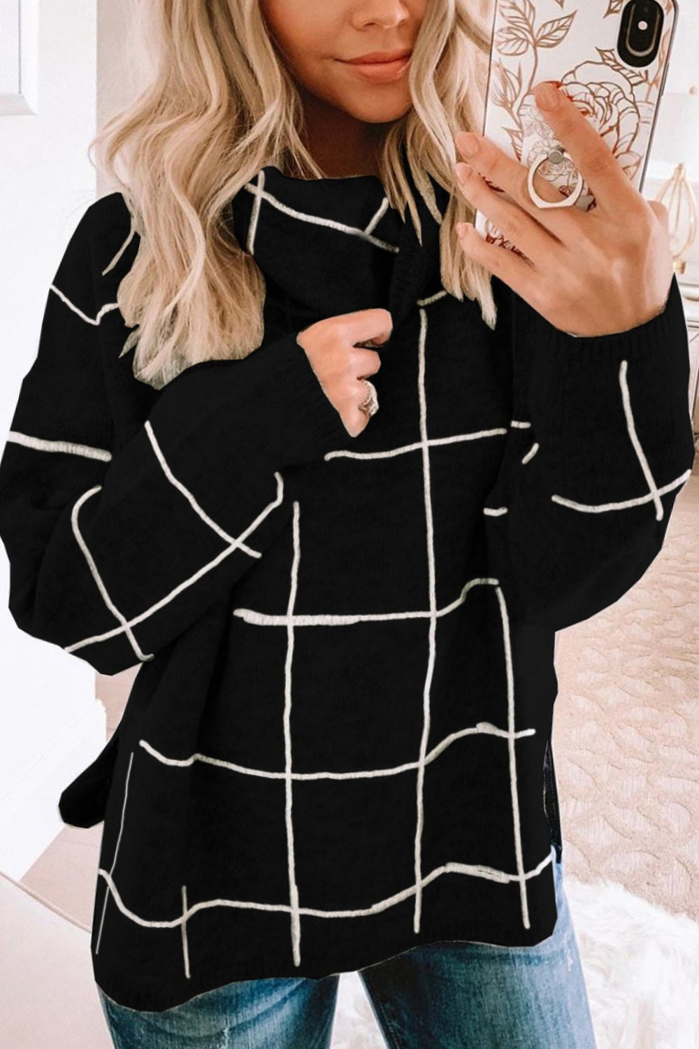 Angel Wings Plaid Turtleneck Drop Shoulder Sweater - The Boutie Shop