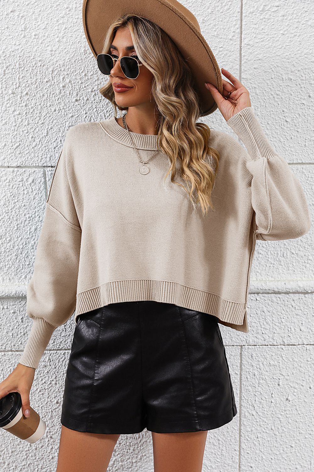 Round Neck Dropped Shoulder Pullover Sweater - The Boutie Shop