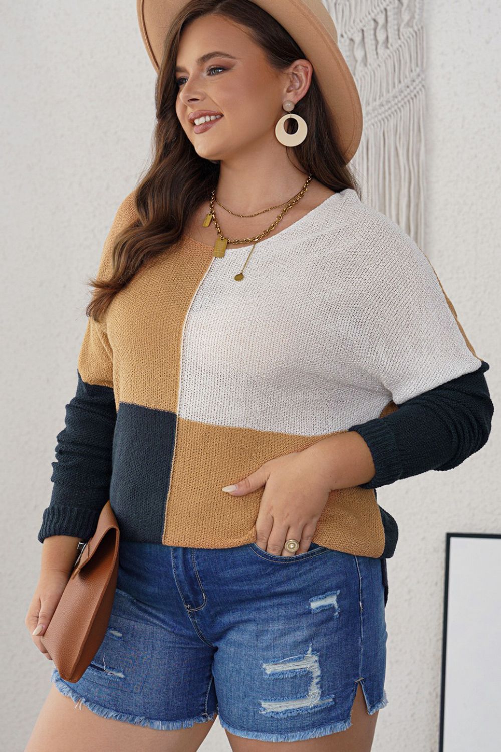 Plus Size Color Block Round Neck Sweater - The Boutie Shop