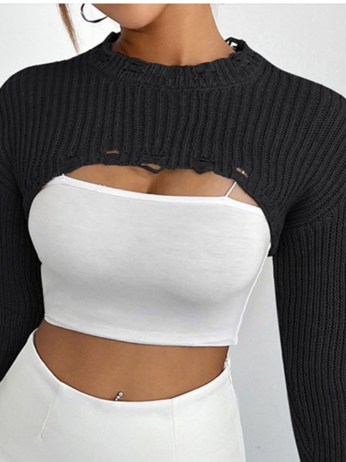 Distressed Long Sleeve Cropped Sweater - The Boutie Shop