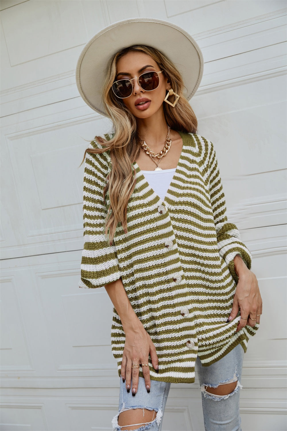 Angel Wings Striped Button Up Long Sleeve Cardigan - The Boutie Shop