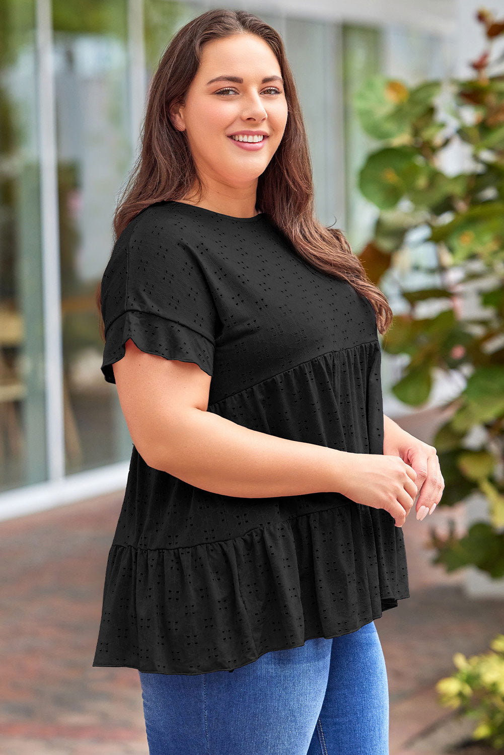 Plus Size Eyelet Round Neck Short Sleeve Blouse - The Boutie Shop