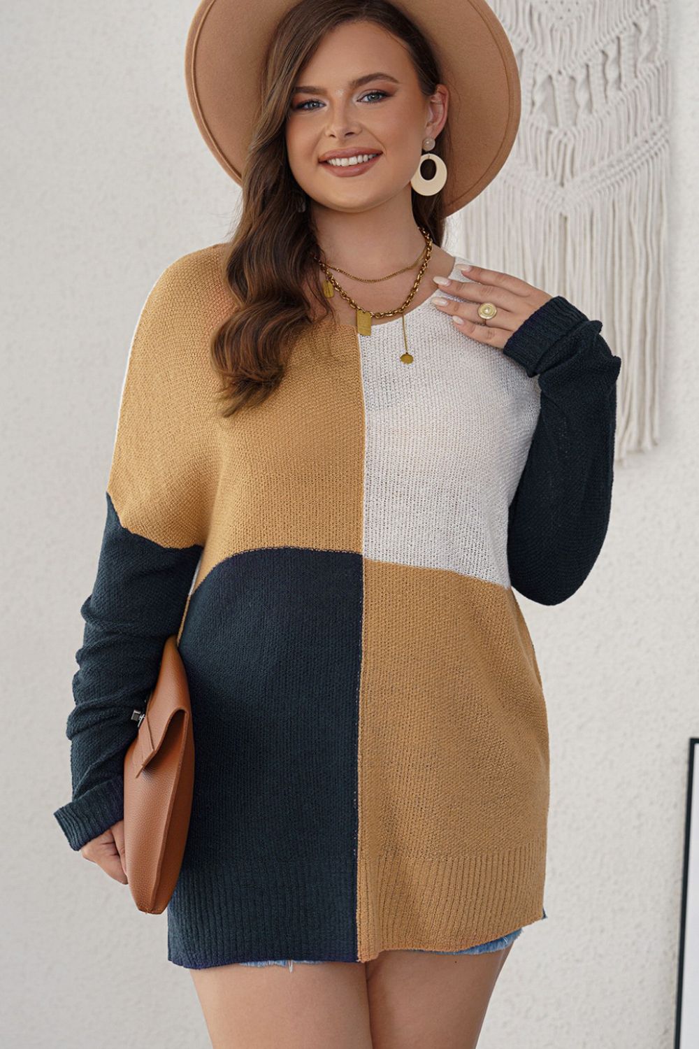 Plus Size Color Block Round Neck Sweater - The Boutie Shop