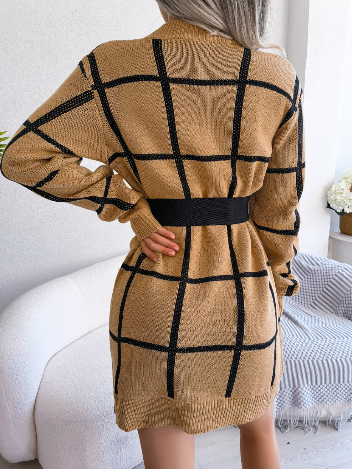 Plaid Round Neck Dropped Shoulder Sweater Dress - The Boutie Shop