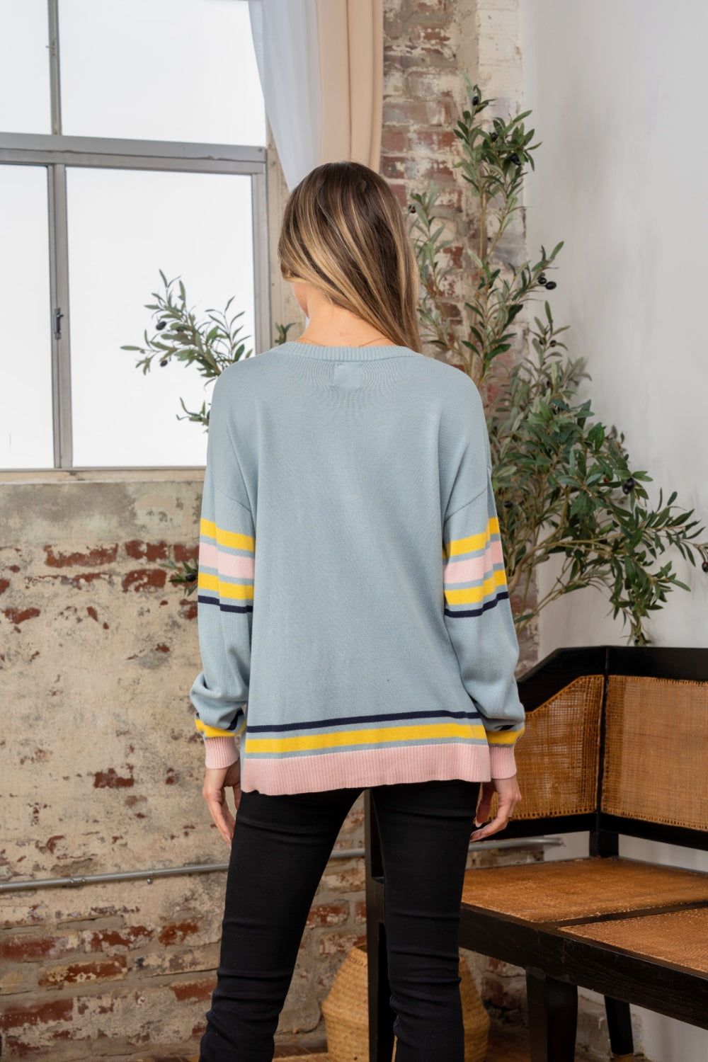 Sew In Love Full Size Contrast Stripes Long Sleeve Sweater - The Boutie Shop