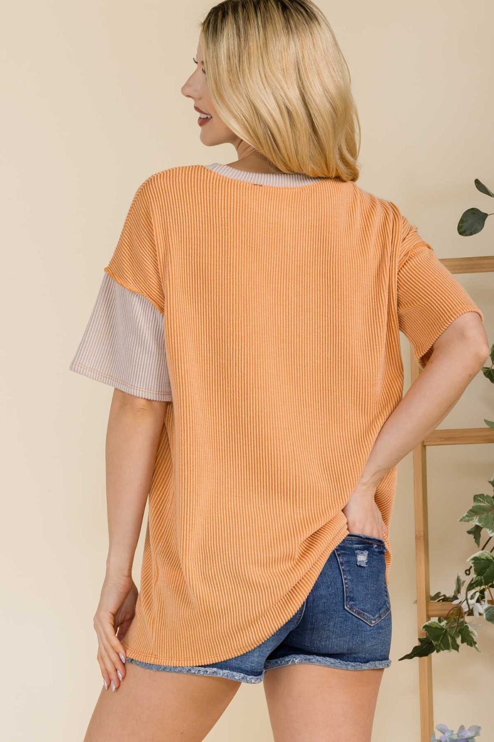 Celeste Full Size Ribbed Color Block Short Sleeve T-Shirt - The Boutie Shop