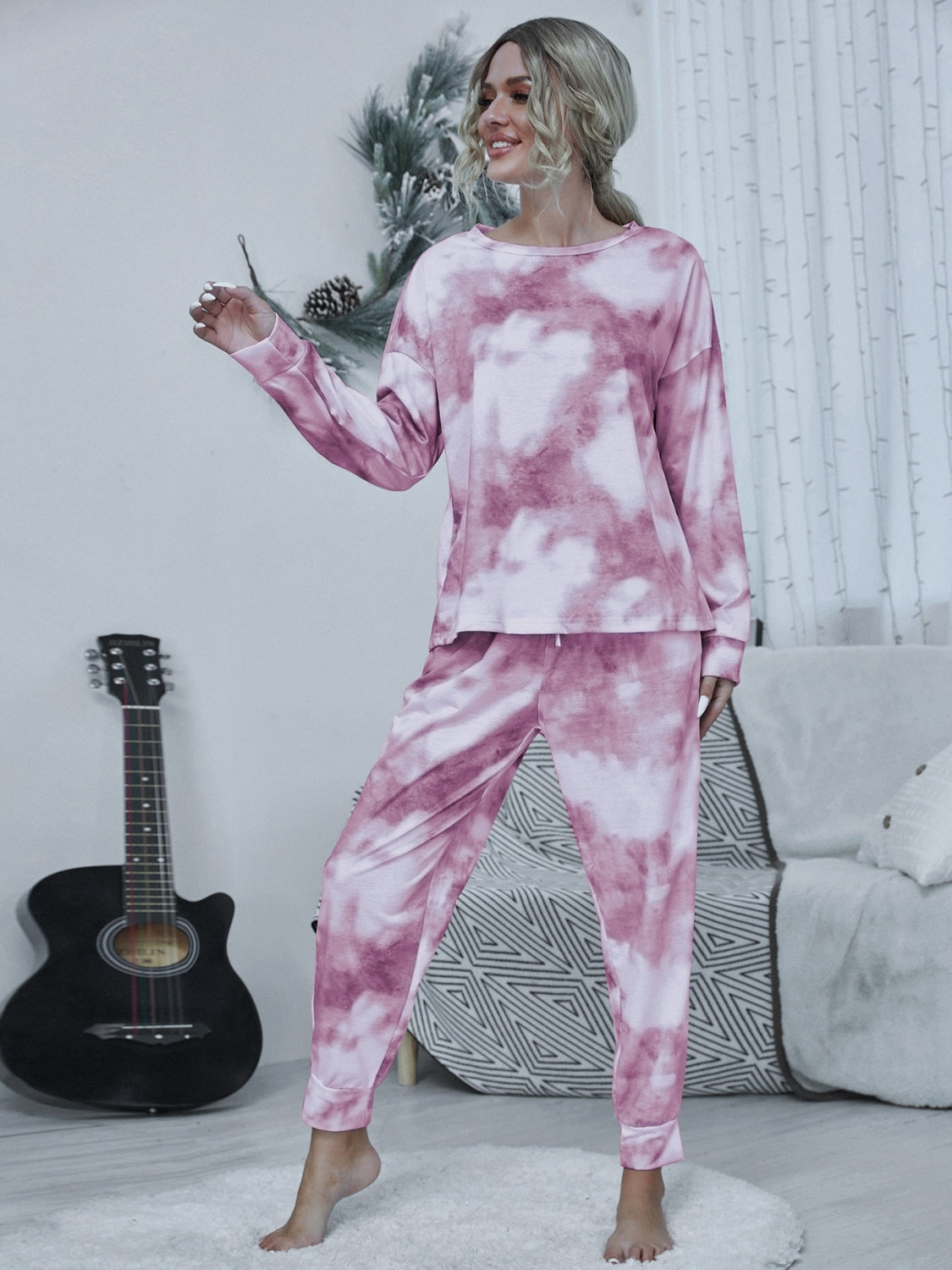 Shiny Tie-dye Round Neck Top and Drawstring Pants Lounge Set - The Boutie Shop