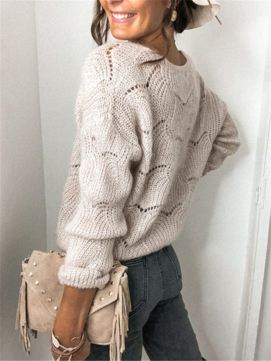 Openwork Button Up Long Sleeve Cardigan - The Boutie Shop