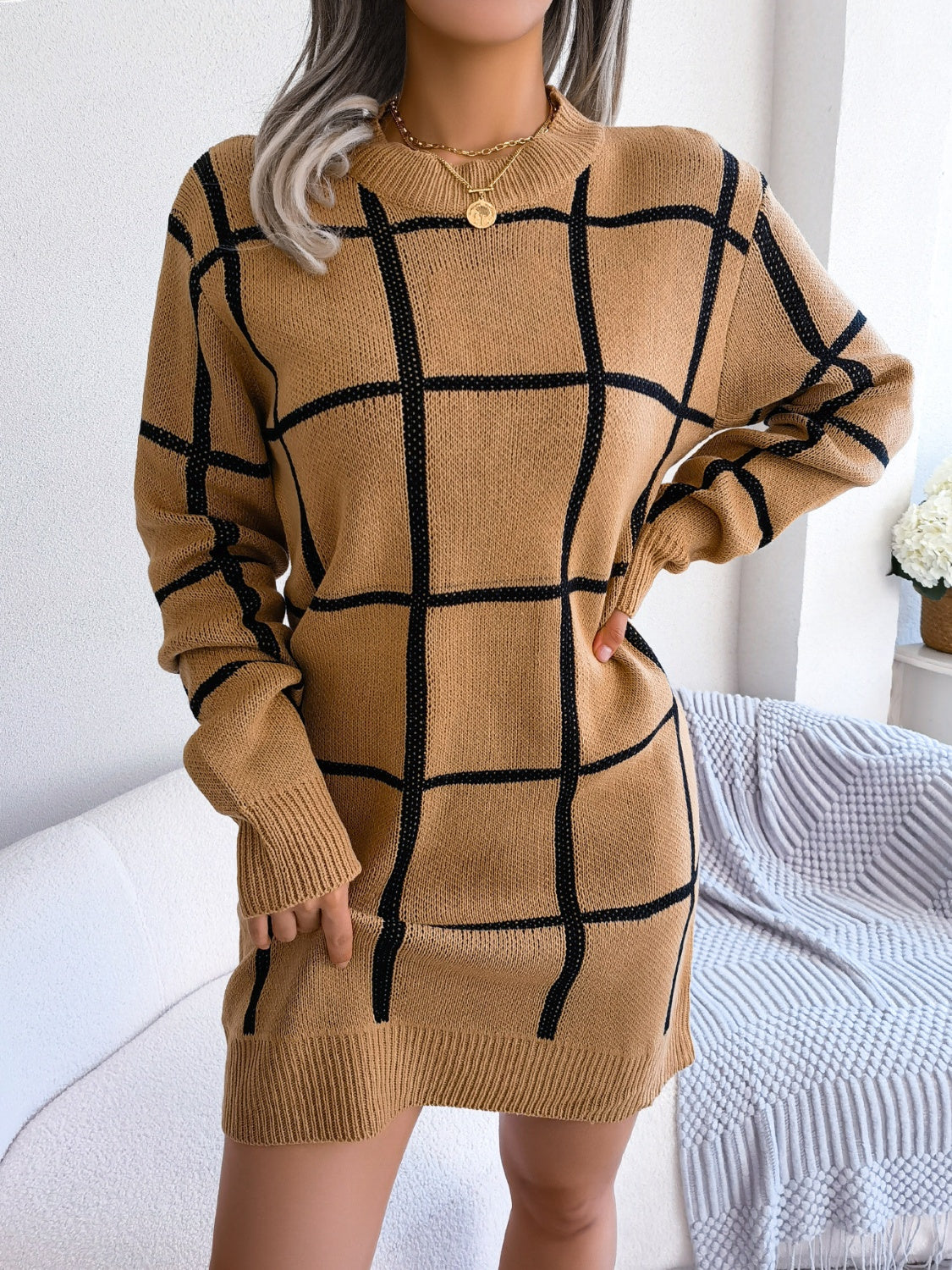 Plaid Round Neck Dropped Shoulder Sweater Dress - The Boutie Shop