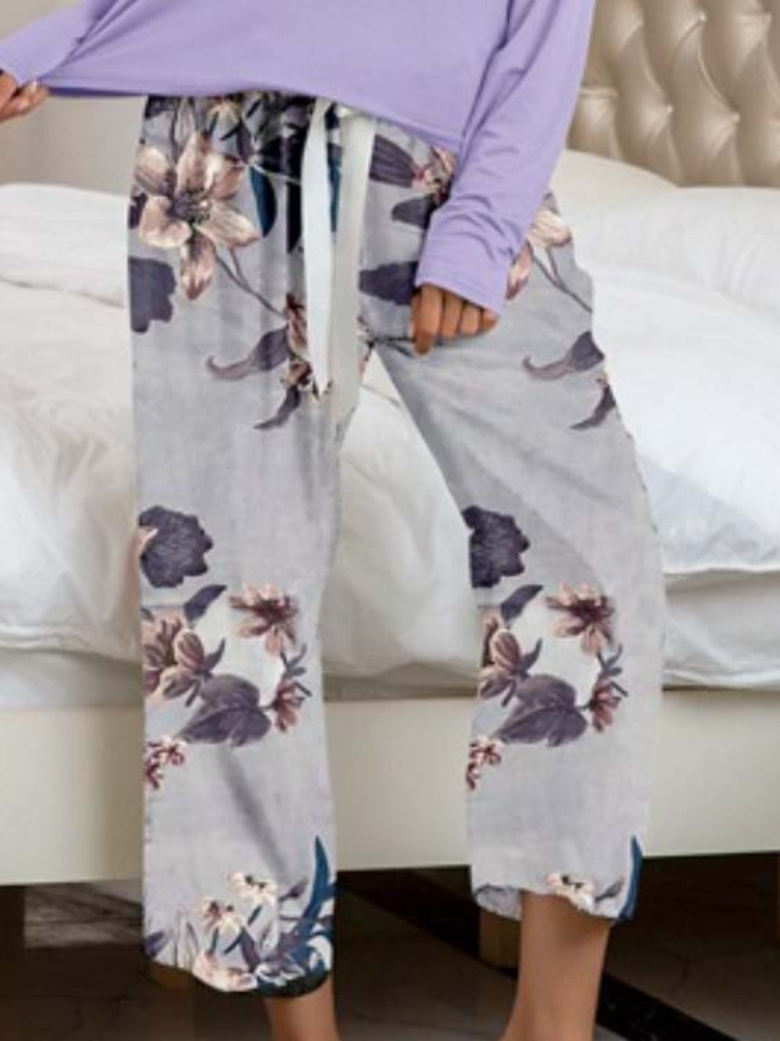 Round Neck Top and Printed Pants Lounge Set - The Boutie Shop