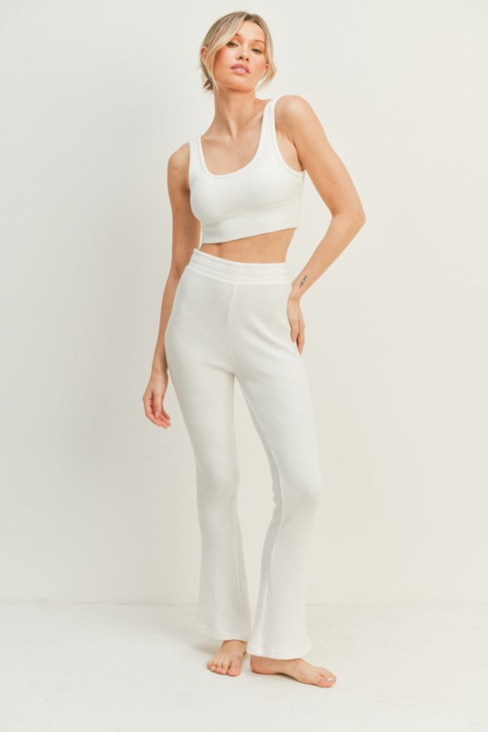 Kimberly C Waffle Tank and High Waist Flare Pants Set - The Boutie Shop