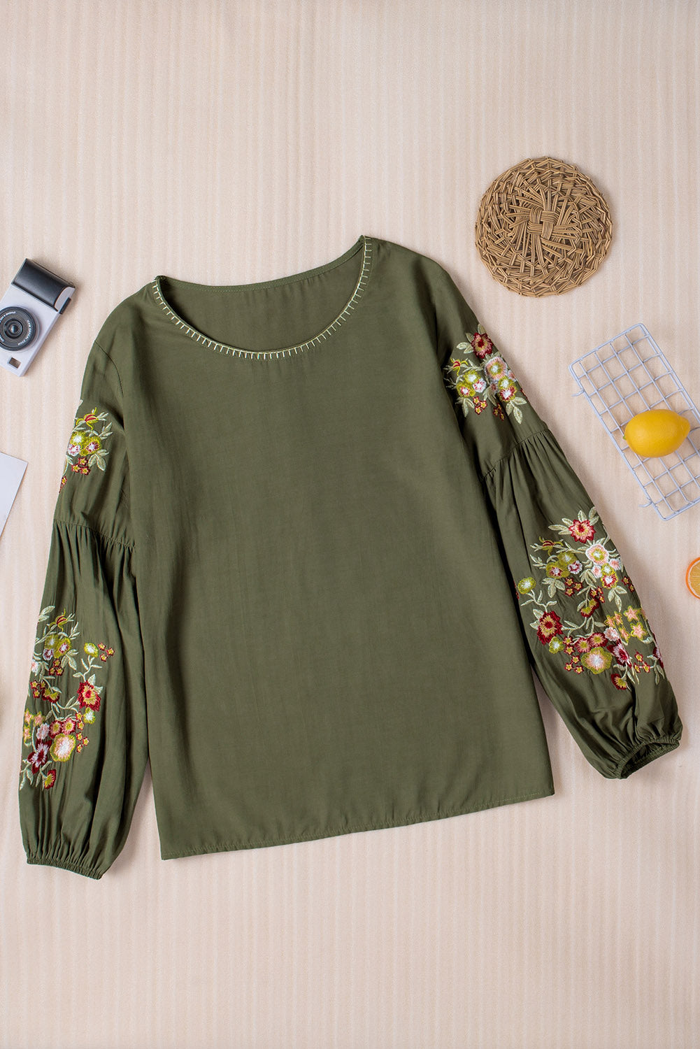 Embroidered Round Neck Balloon Sleeve T-Shirt - The Boutie Shop